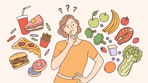 dessin montrant une femme entourée d'aliments qui se pose des questions sur leur sécurité